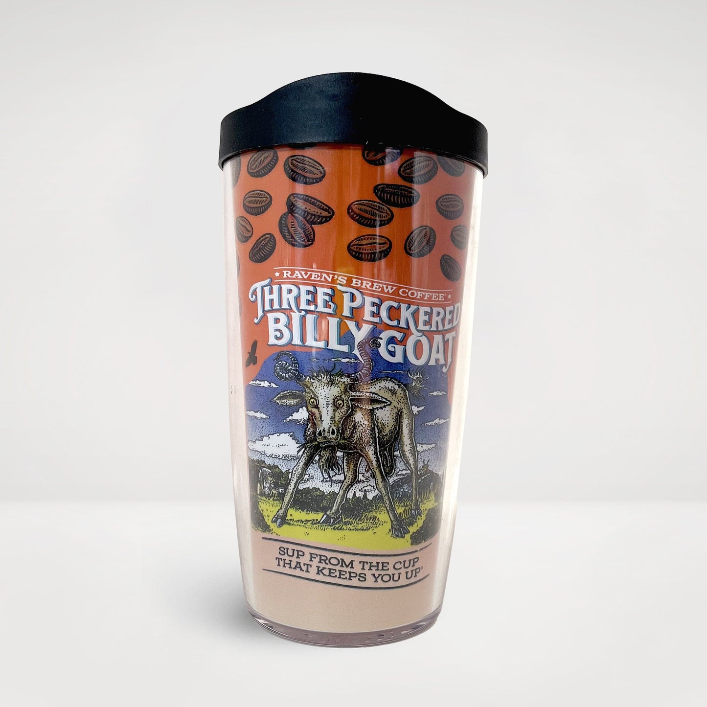 Three Peckered Billy Goat® Coffee label artwork featured on a plastic travel tumbler with lid.