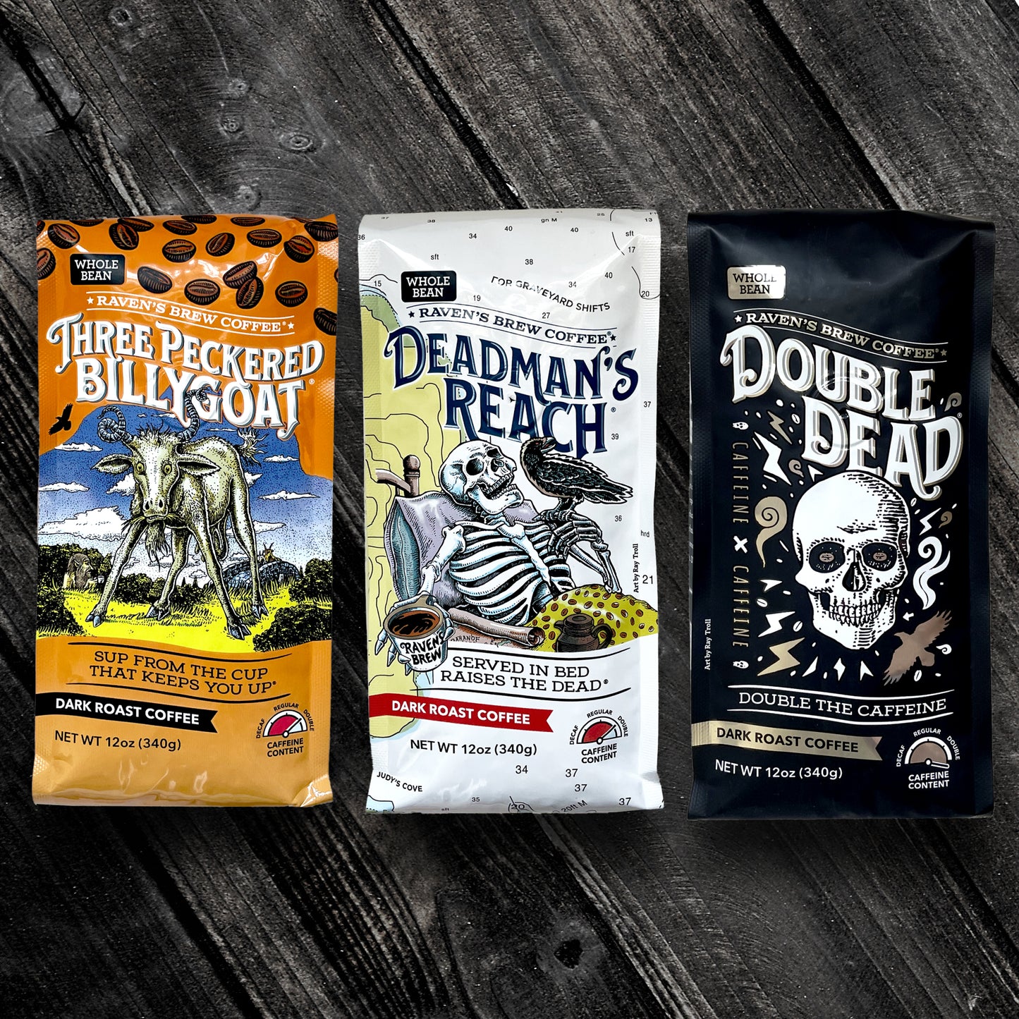 Deadman's Reach® Coffee, Three Peckered Billy Goat® Coffee, Double Dead® Coffee High Speed Threesome Set