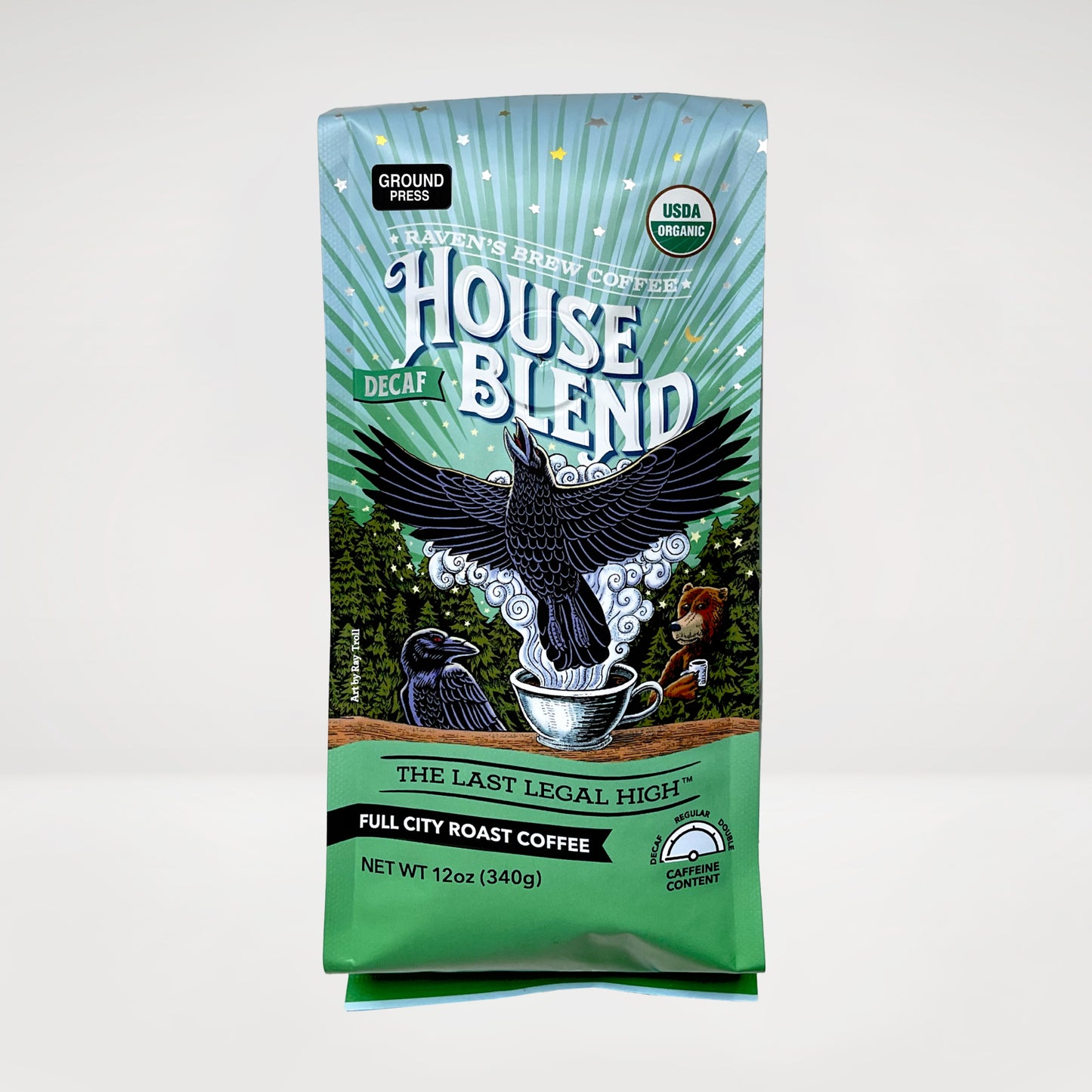 12oz Organic Decaf Press Pot Ground Raven's Brew® House Blend Dark Roast Coffee