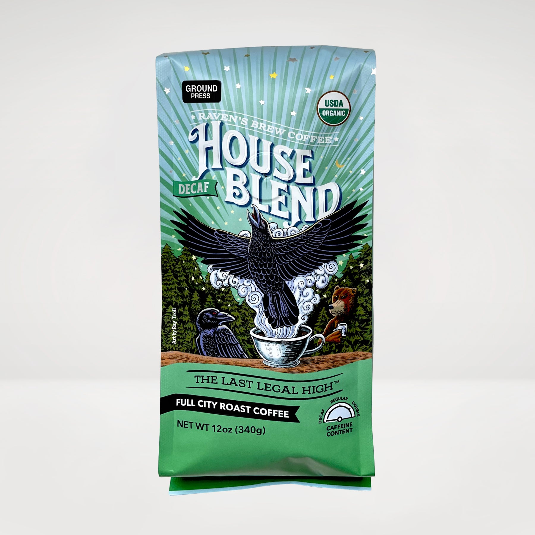 12oz Organic Decaf Press Pot Ground Raven's Brew® House Blend Dark Roast Coffee