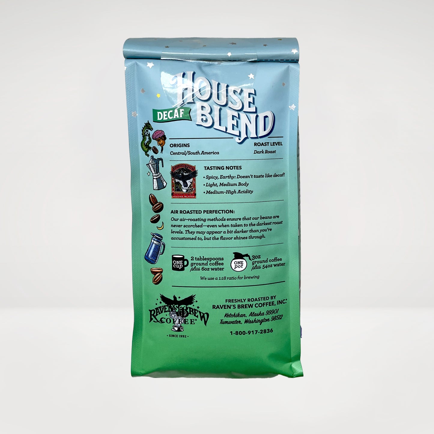 12oz Organic Decaf Raven's Brew® House Blend Dark Roast Coffee Back View