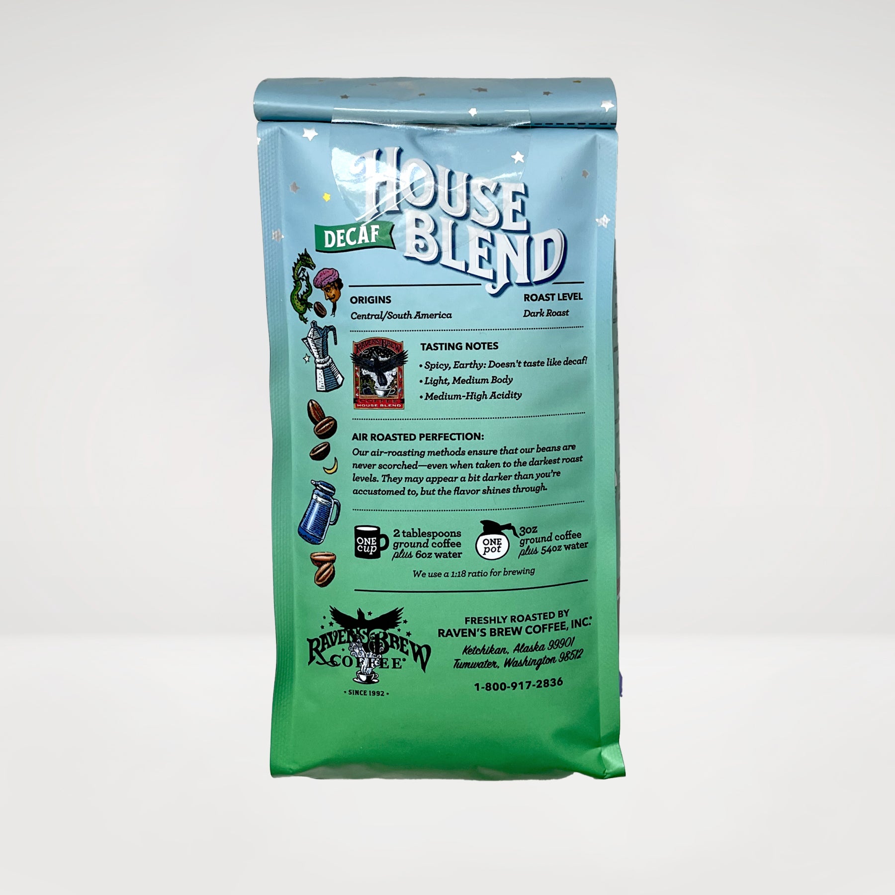 12oz Organic Decaf Raven's Brew® House Blend Dark Roast Coffee Back View