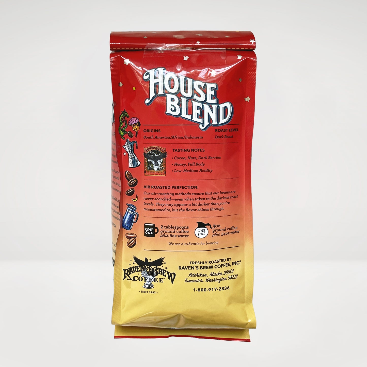 12oz Raven's Brew® House Blend Dark Roast Back View