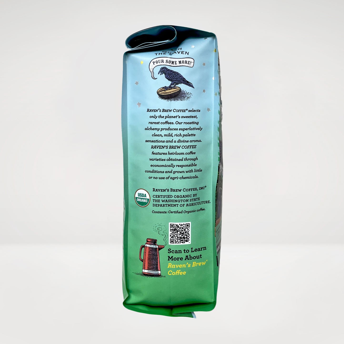 12oz Organic Decaf Raven's Brew® House Blend Dark Roast Coffee Left Side View