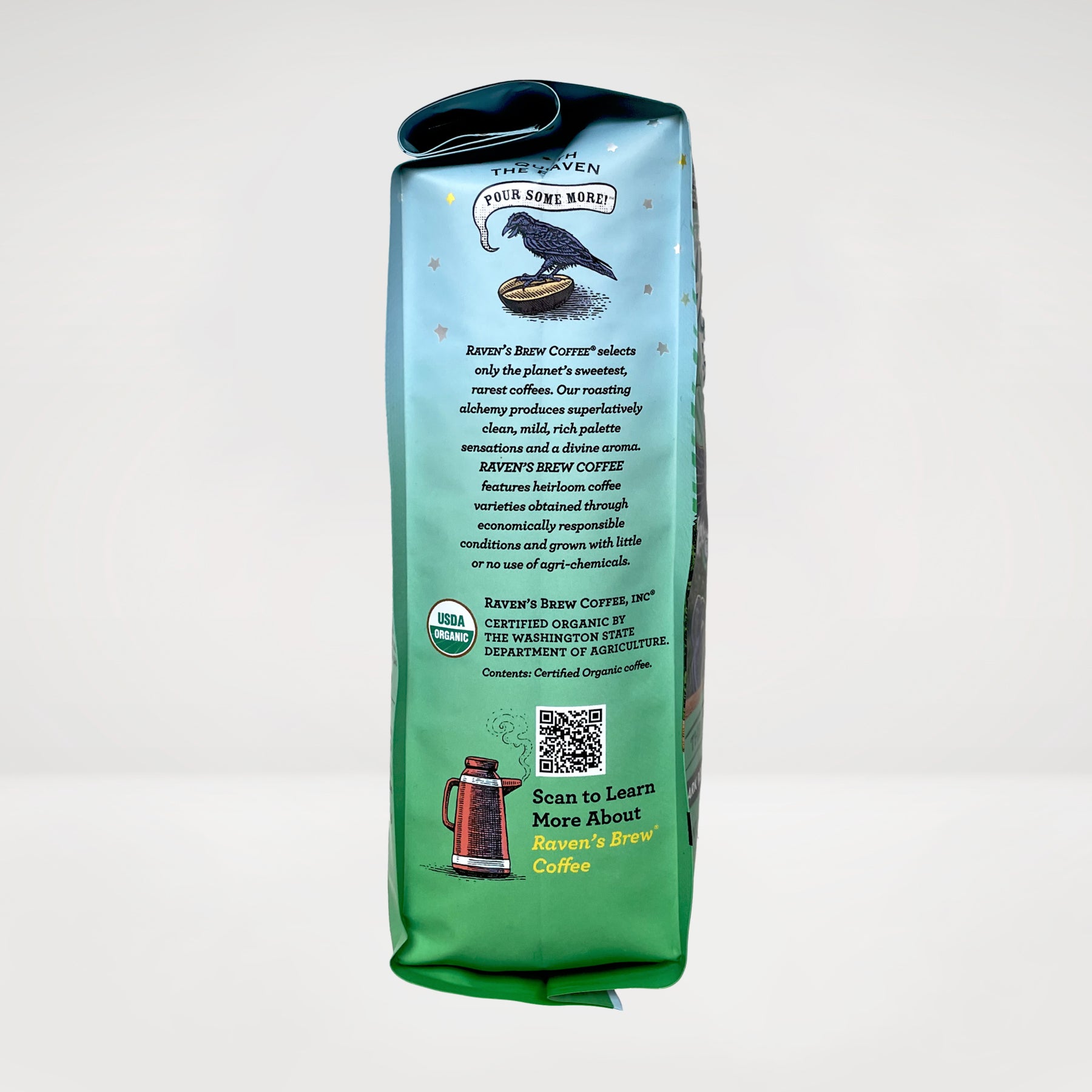 12oz Organic Decaf Raven's Brew® House Blend Dark Roast Coffee Left Side View