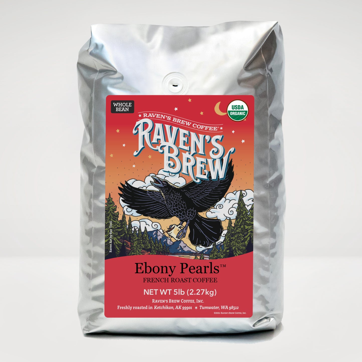 5lb Organic Whole Bean Raven's Brew® Ebony Pearls™ French Roast Coffee