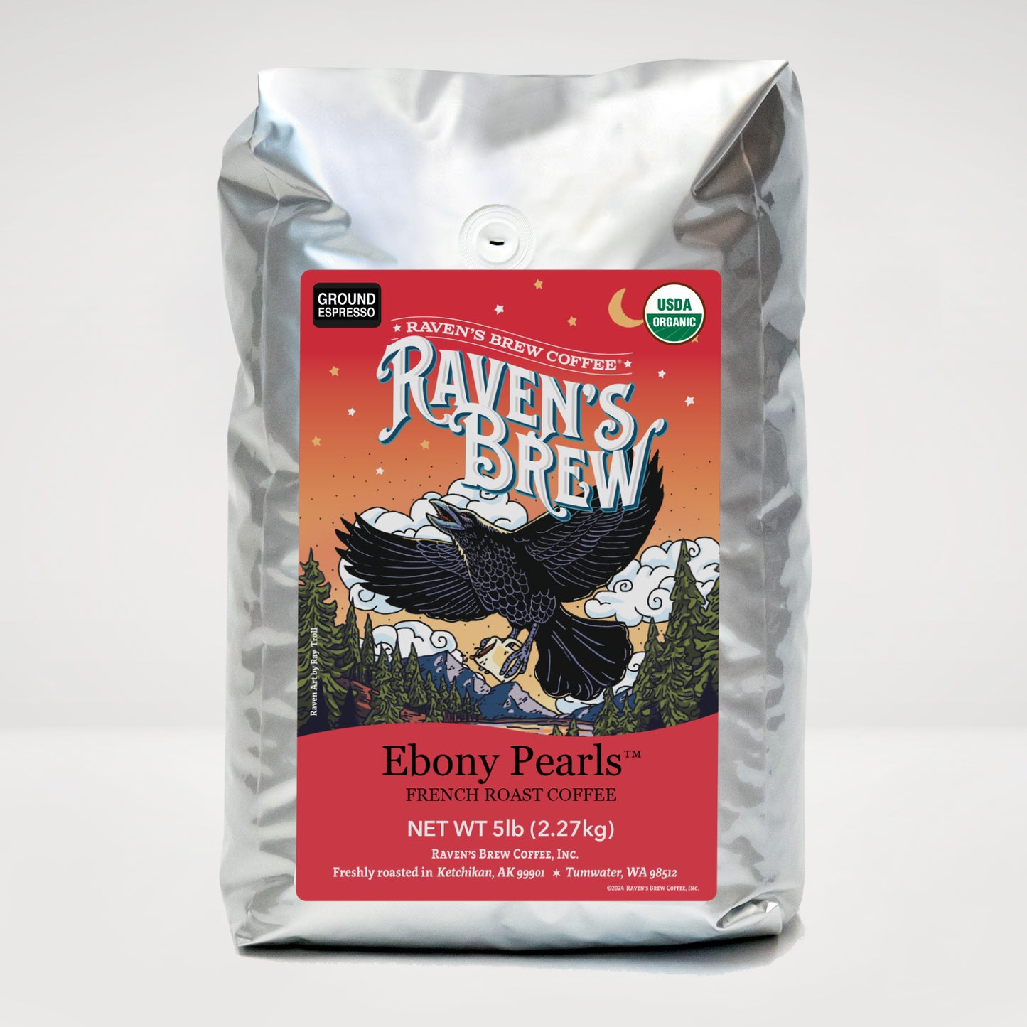 5lb Organic Espresso Ground Raven's Brew® Ebony Pearls™ French Roast Coffee