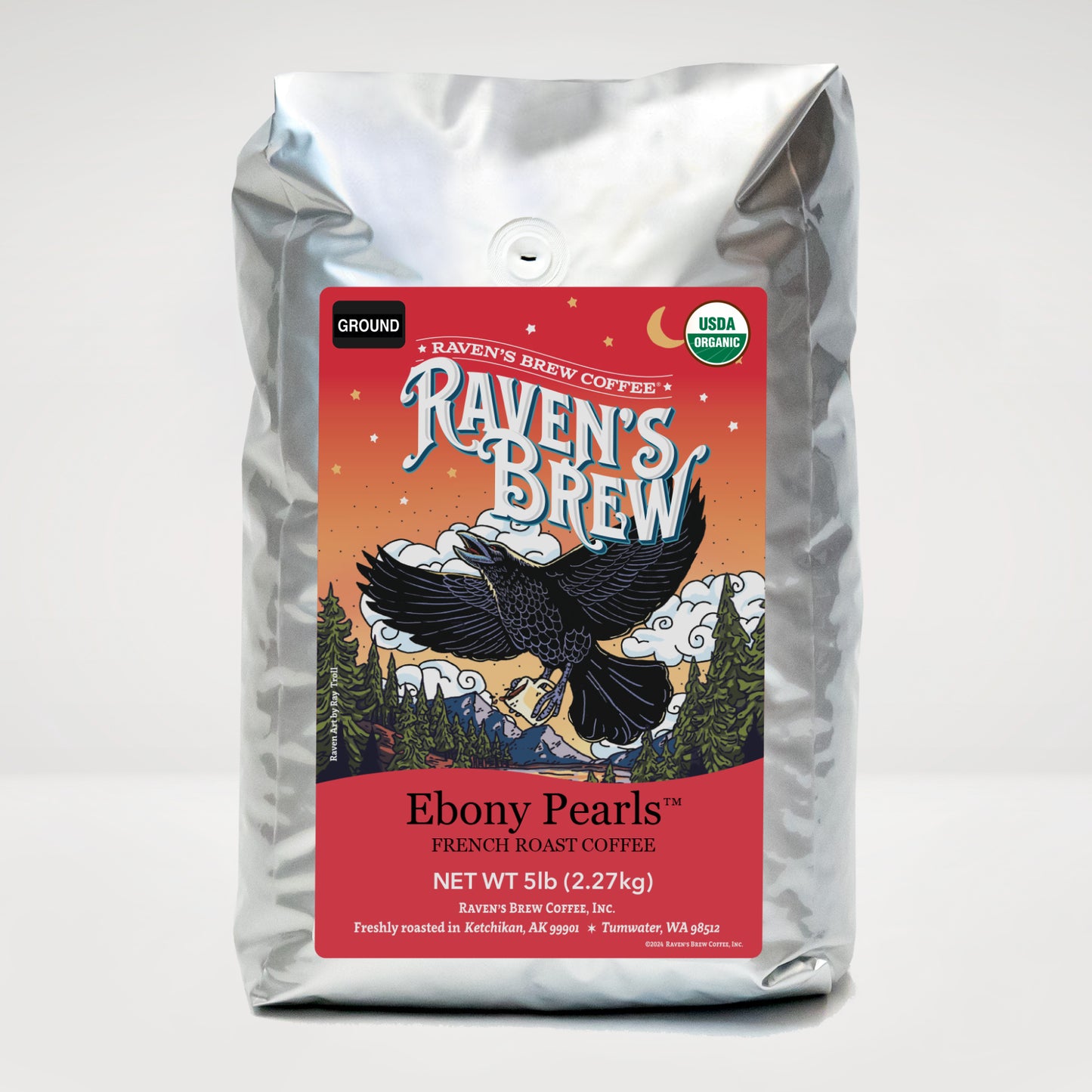 5lb Organic Ground Raven's Brew® Ebony Pearls™ French Roast Coffee