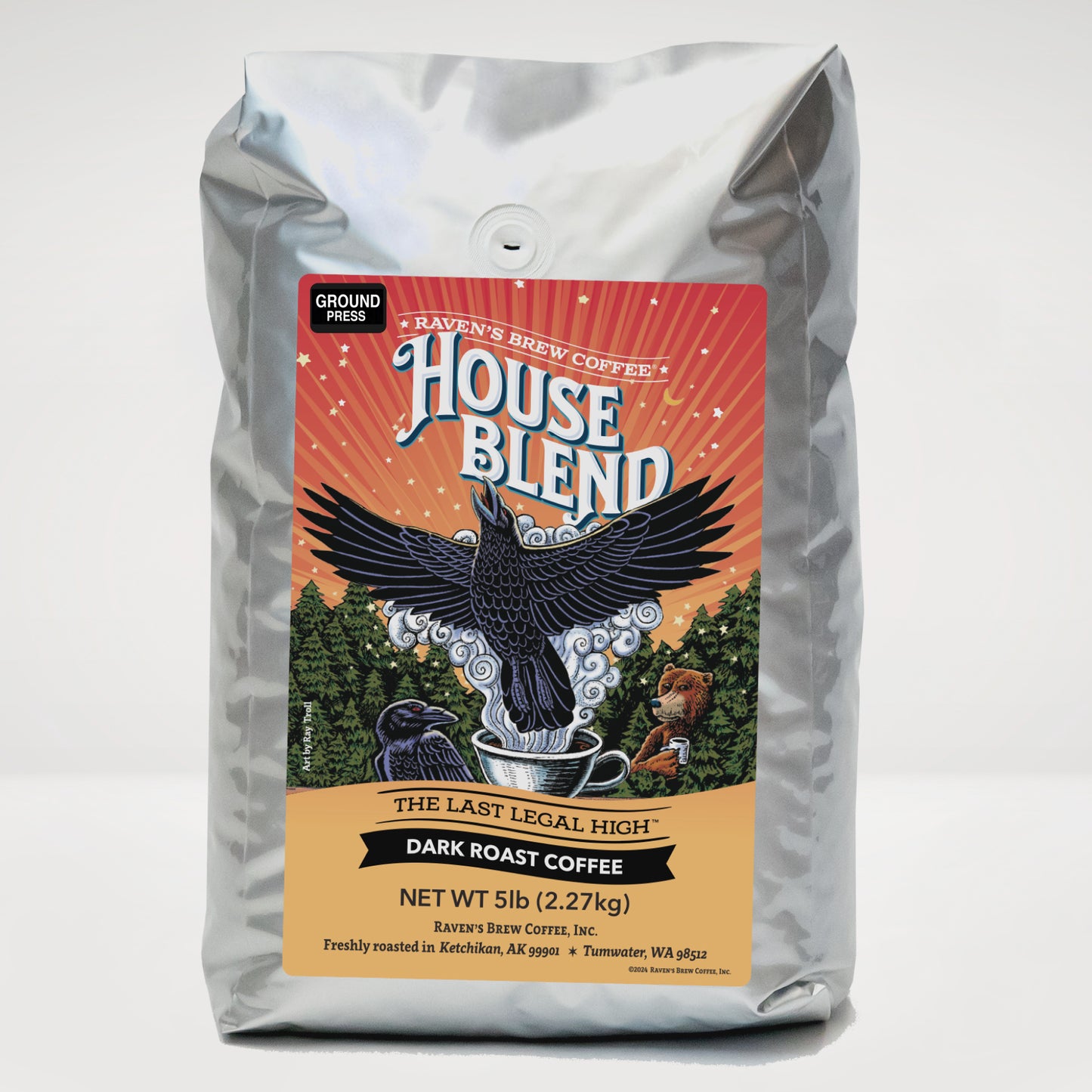 5lb Press Pot Ground Raven's Brew® House Blend Dark Roast Coffee