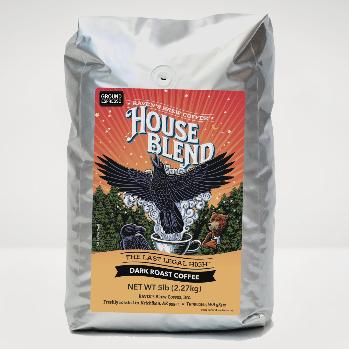 5lb Espresso Ground Raven's Brew® House Blend Dark Roast Coffee