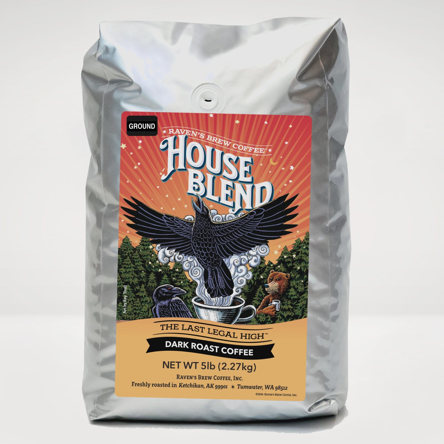 5lb Ground Raven's Brew® House Blend Dark Roast Coffee