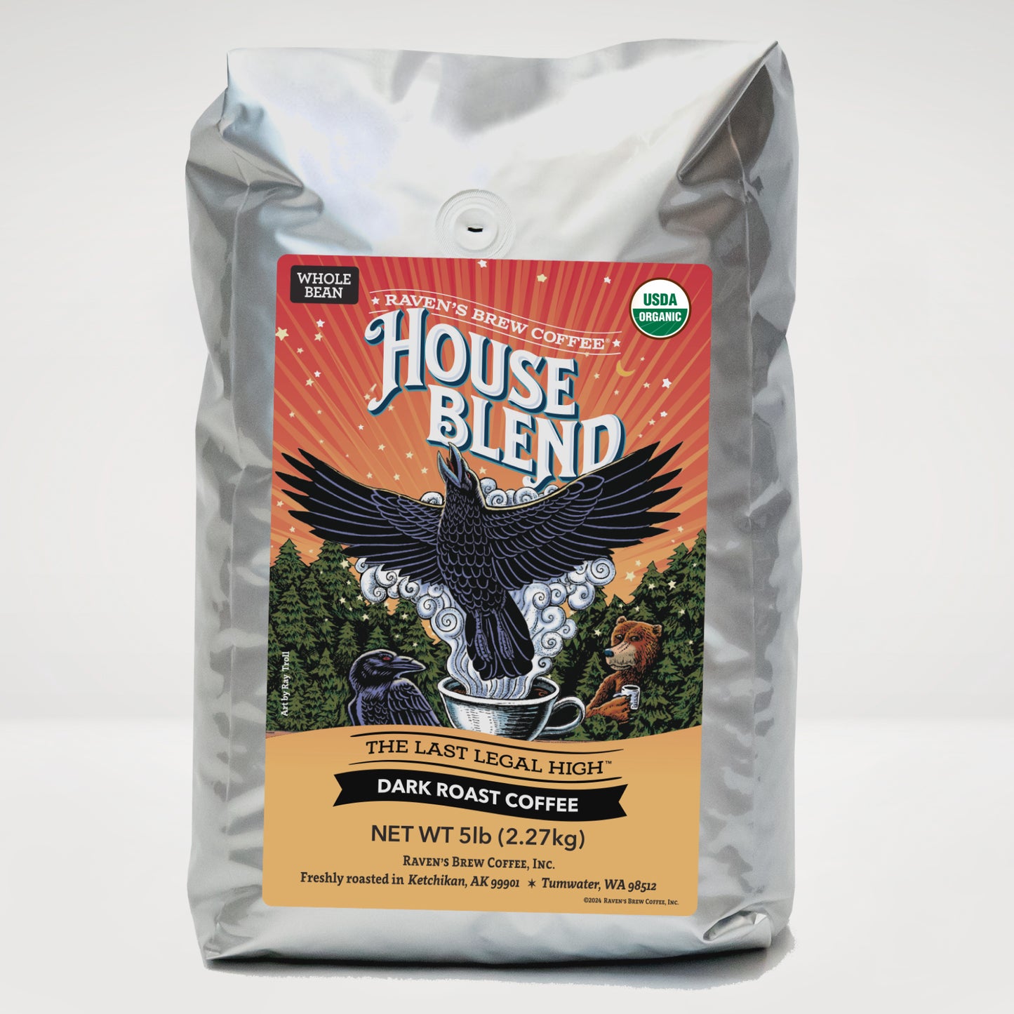 5lb Organic Whole Bean Raven's Brew® House Blend Dark Roast Coffee