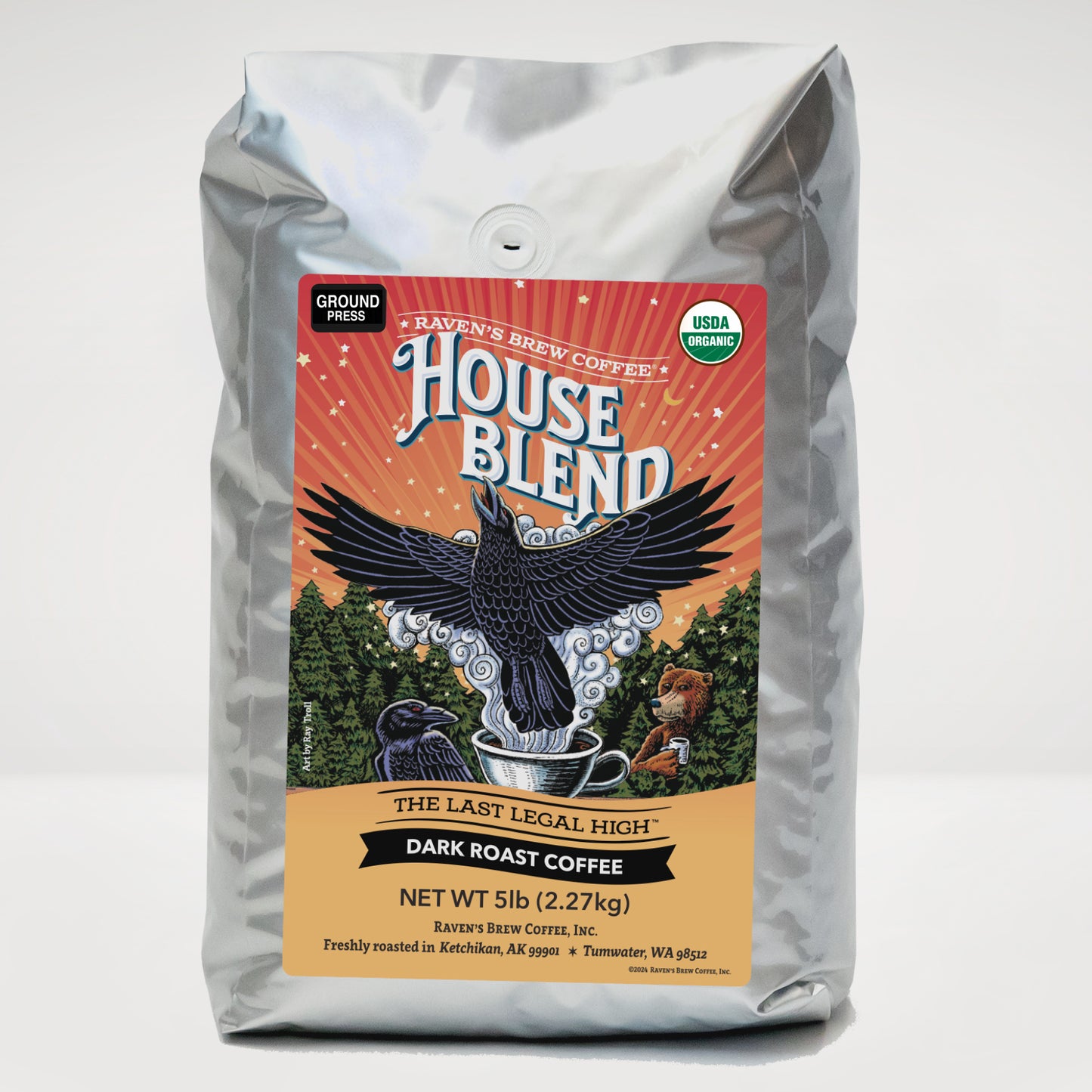 5lb Organic Press Pot Ground Raven's Brew® House Blend Dark Roast Coffee