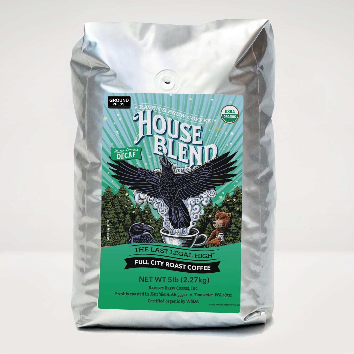 5lb Organic Decaf Press Pot Ground Raven's Brew® House Blend Dark Roast Coffee