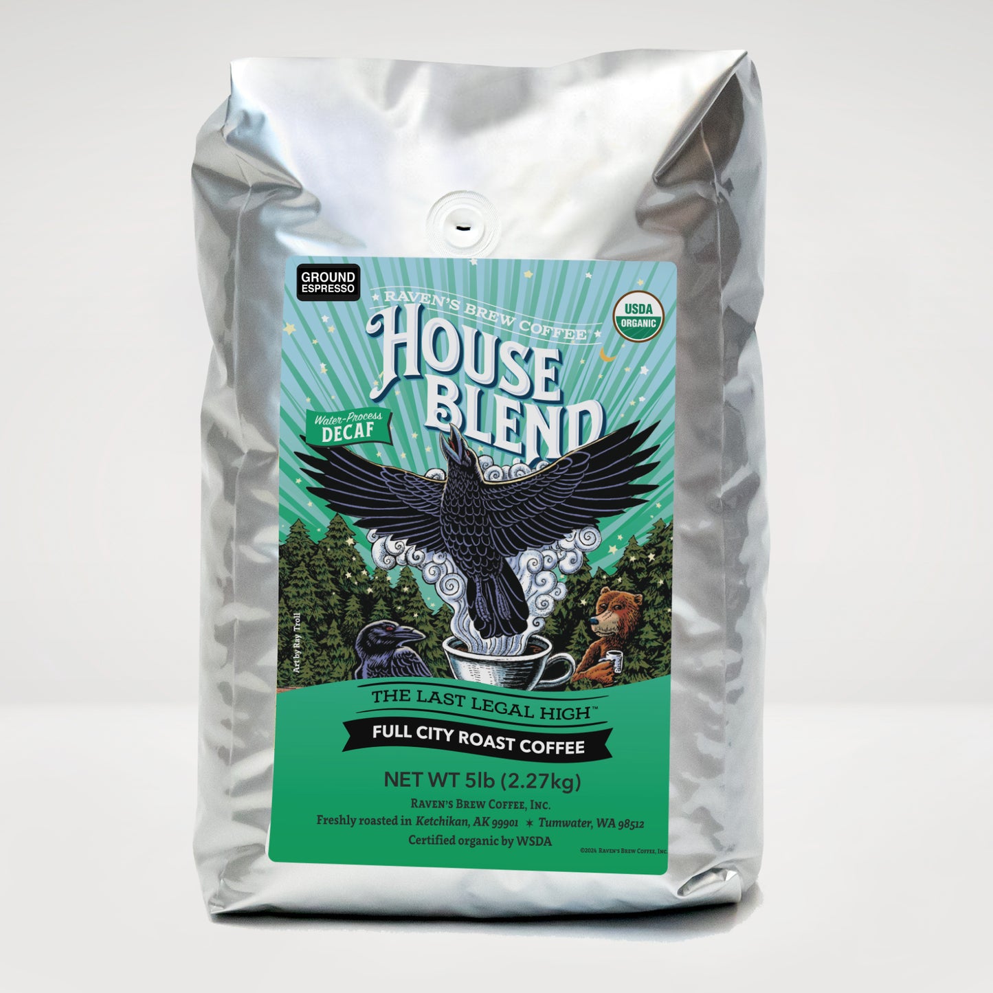 5lb Organic Decaf Espresso Ground Raven's Brew® House Blend Dark Roast Coffee