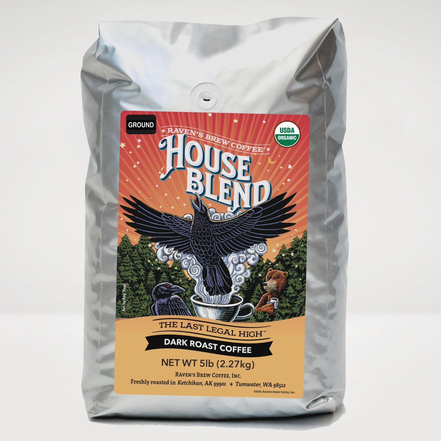 5lb Organic Ground Raven's Brew® House Blend Dark Roast Coffee