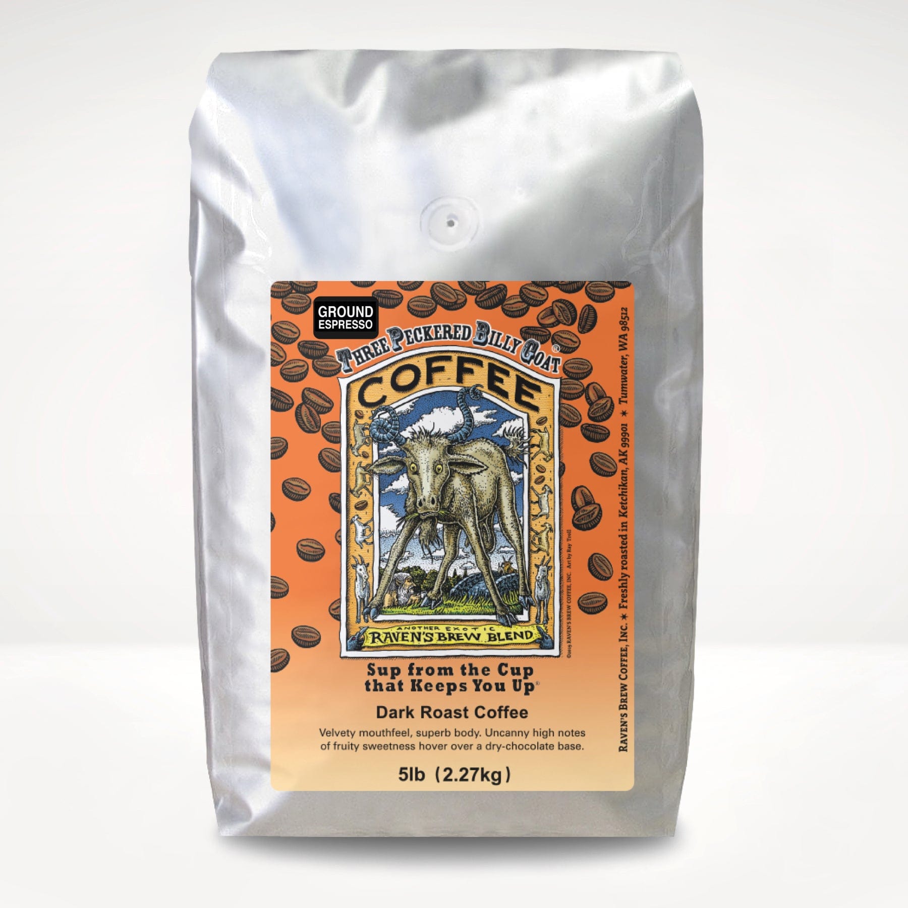 5lb Espresso Ground Three Peckered Billy Goat® Dark Roast Coffee