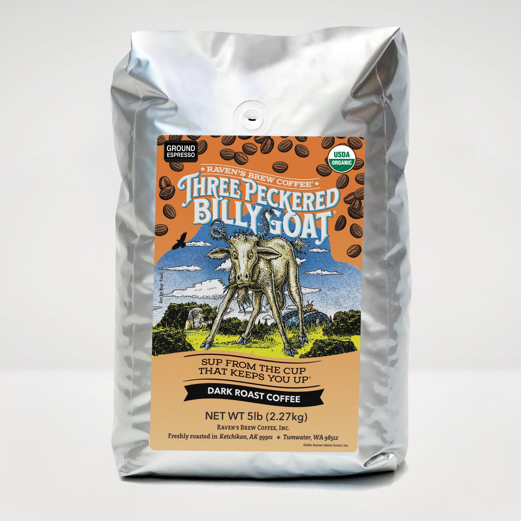 5lb Organic Espresso Ground Three Peckered Billy Goat® Dark Roast Coffee