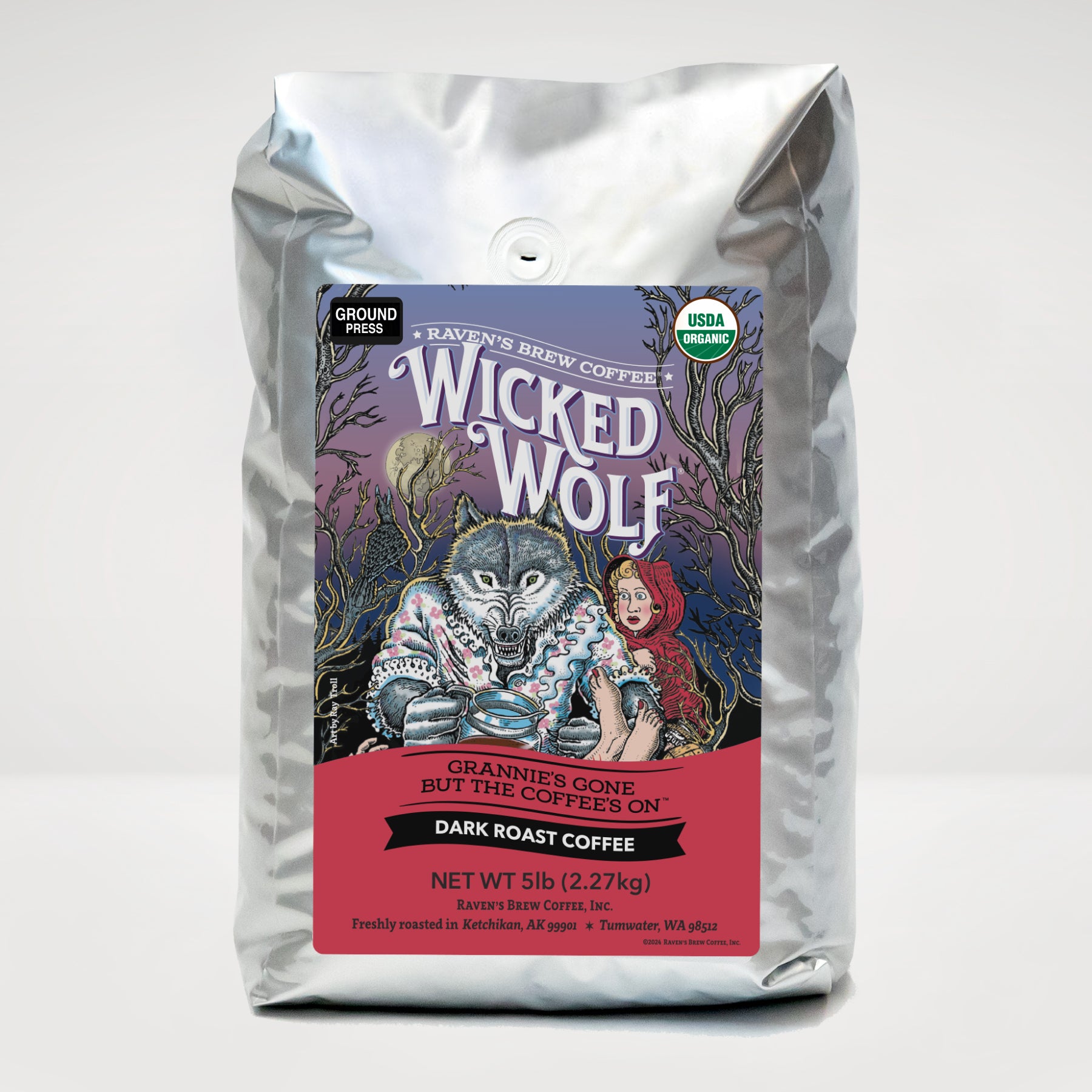 5lb Organic Press Pot Ground Wicked Wolf® Dark Roast Coffee