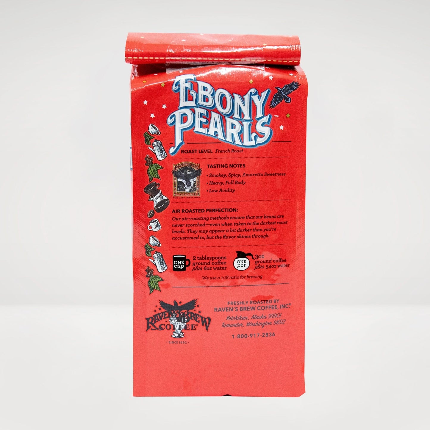 12oz Raven's Brew® Ebony Pearls™ French Roast Coffee Back View