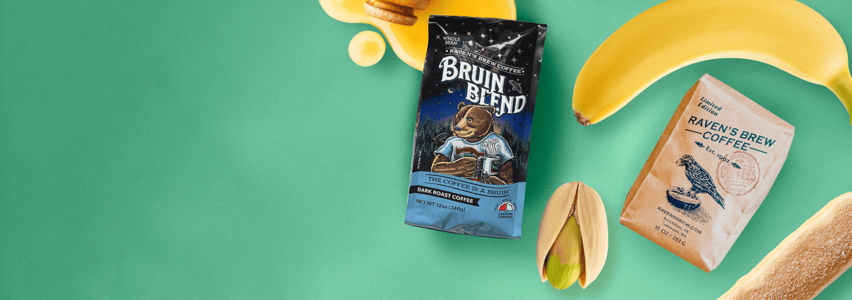 Bruin Blend Coffee and Roaster's Pick Coffee surrounded by a giant pool of honey, banana, cookies and pistachio. These are the big flavors of September.