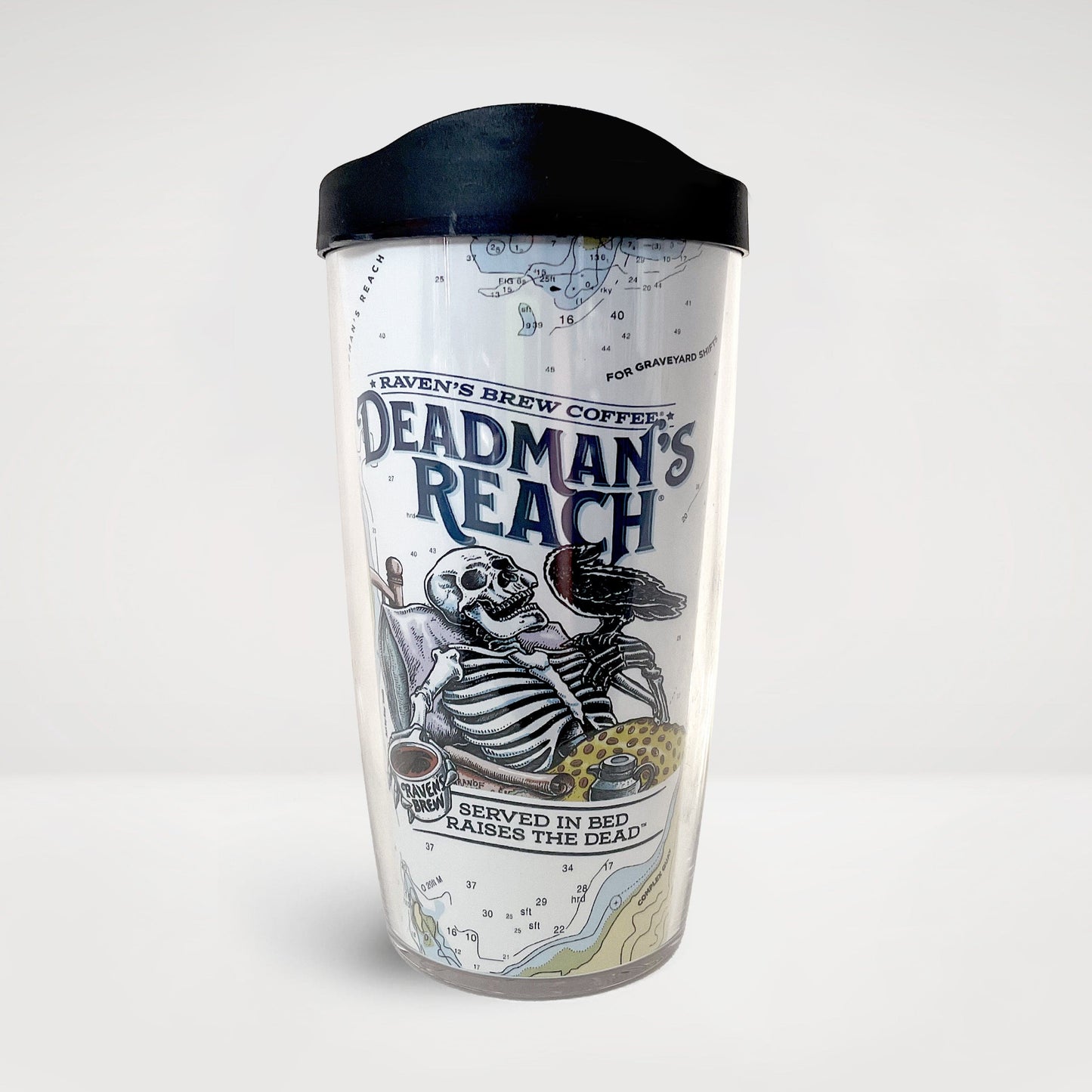 Deadman's Reach® Coffee label artwork featured on a plastic travel tumbler with lid.