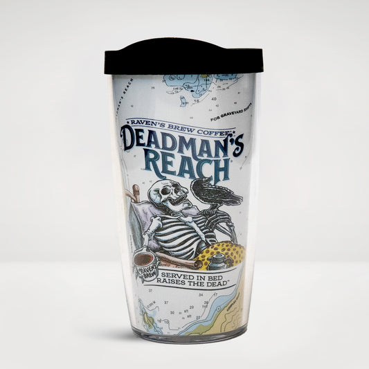 Deadman's Reach® Coffee label artwork featured on a plastic travel tumbler with lid.