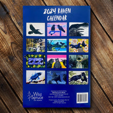 The Back cover of the 2024 Raven Calendar shows all 12 of the illustrations featured within the calendar. Each panel prominently features a playful scene of a raven.