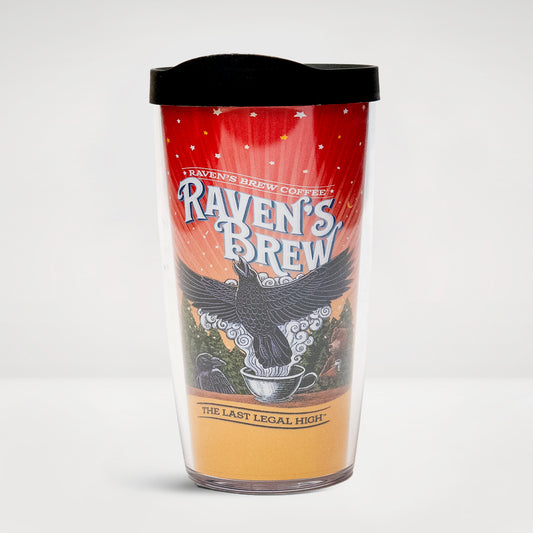 Raven's Brew Coffee® label artwork featured on a plastic travel tumbler with lid.
