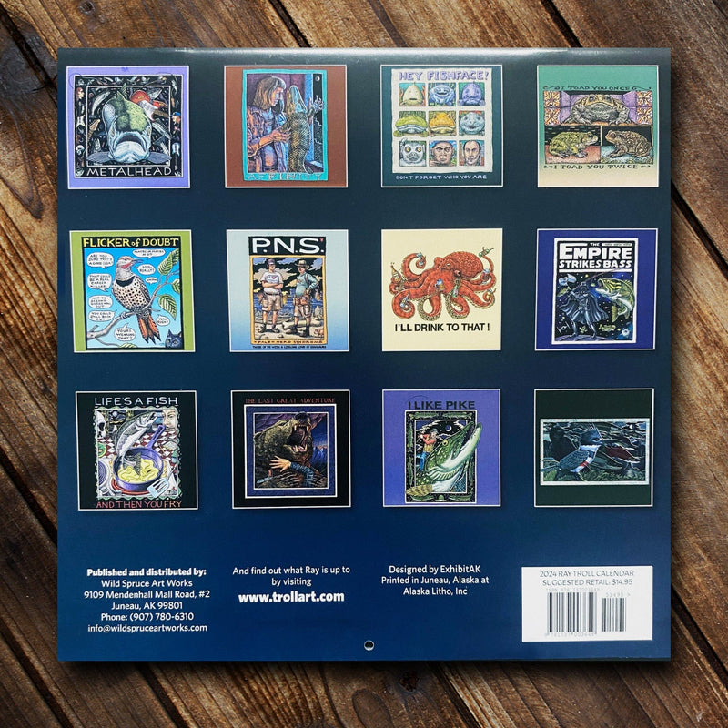 The Back cover of the 2024 Ray Troll Calendar shows all 12 of the illustrations featured within the calendar. Each panel shows a unique scene by Ray Troll on a variety of subjects ranging from wildlife to fishing to living in the Northwest.