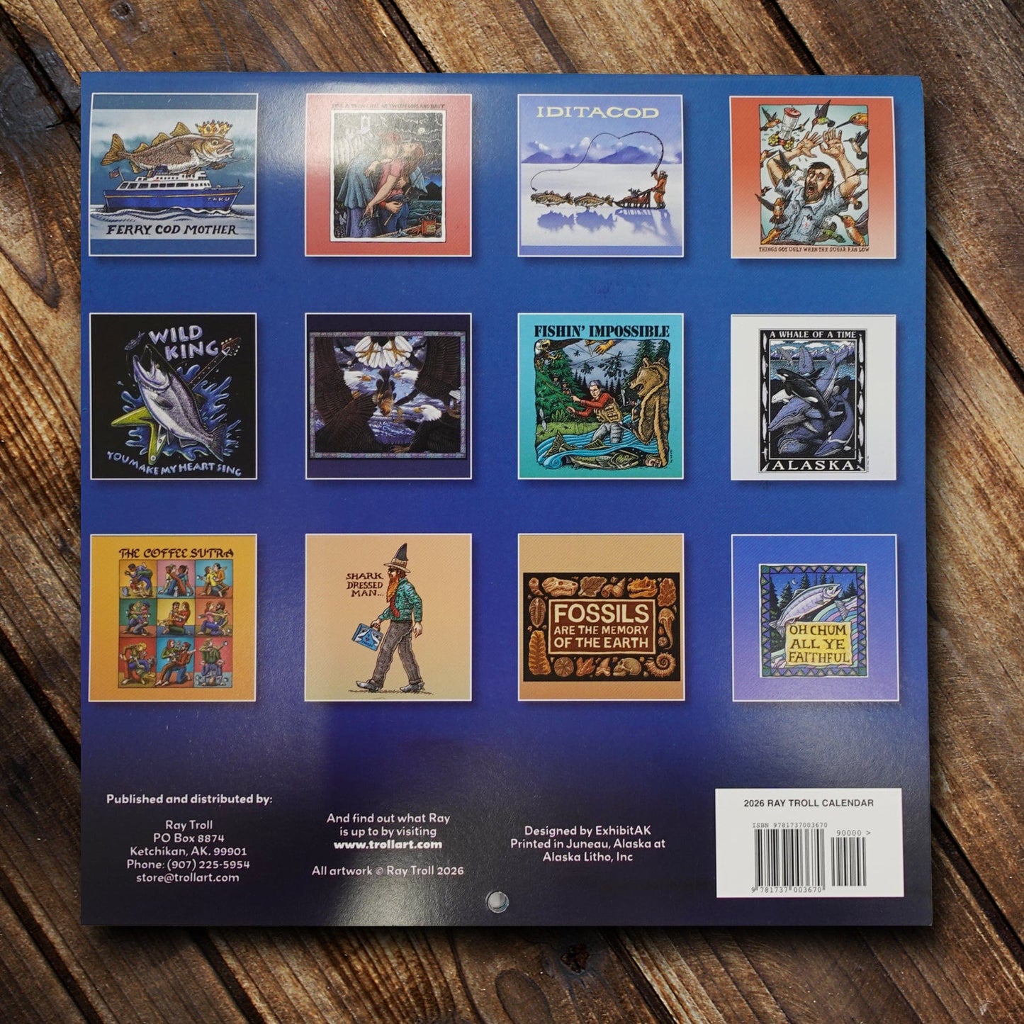 Back of 2026 Ray Troll Calendar featuring the illustrations shown through the year.