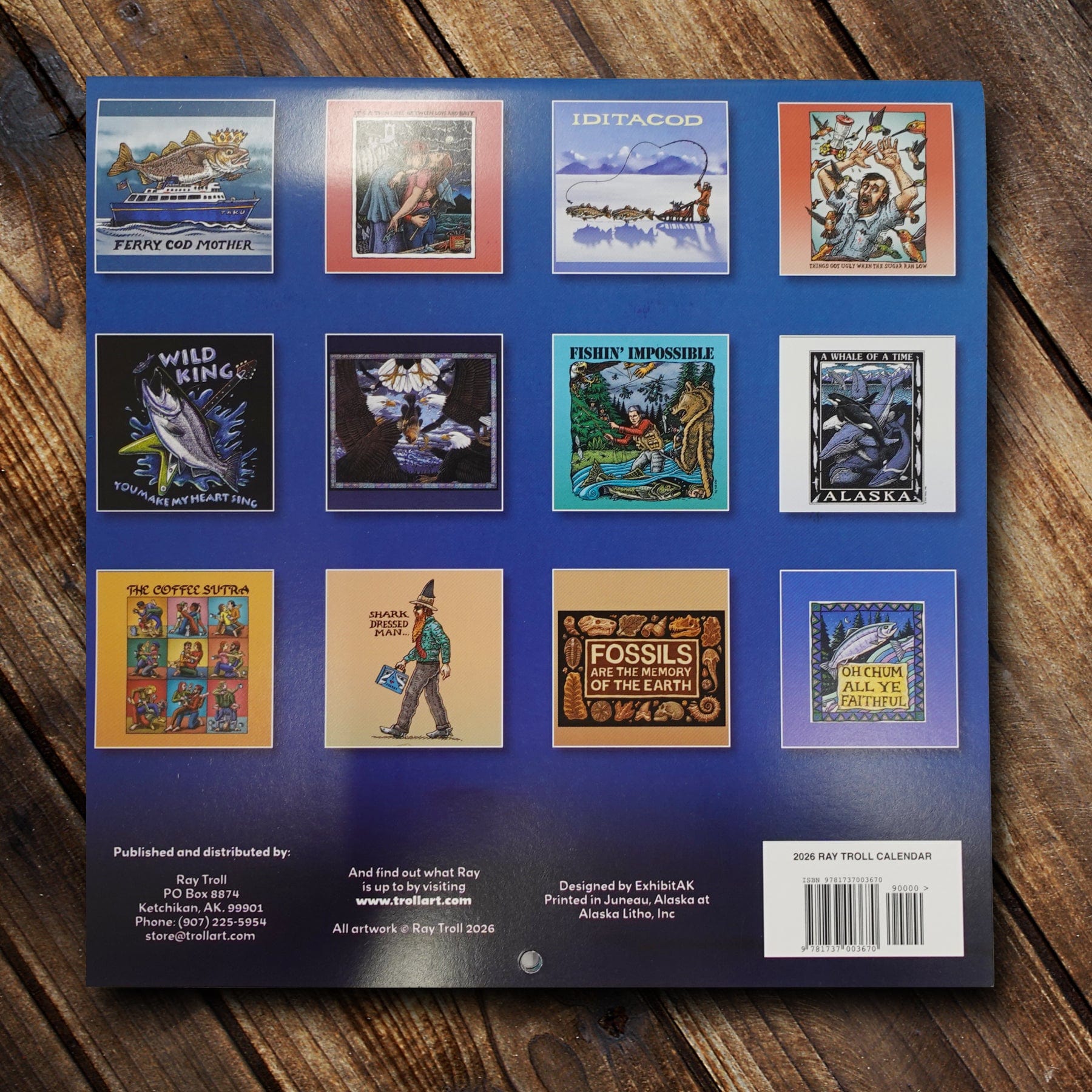 Back of 2026 Ray Troll Calendar featuring the illustrations shown through the year.