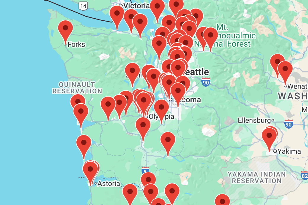 Map of Washington state with numerous red pins indicating locations to purchase Raven's Brew Coffee.