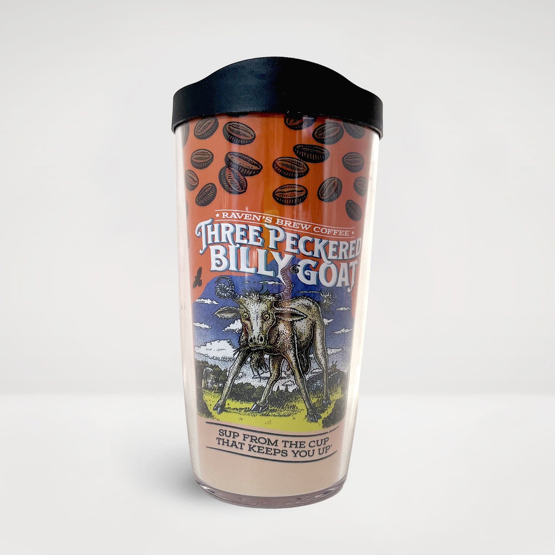 Three Peckered Billy Goat® Coffee label artwork featured on a plastic travel tumbler with lid.