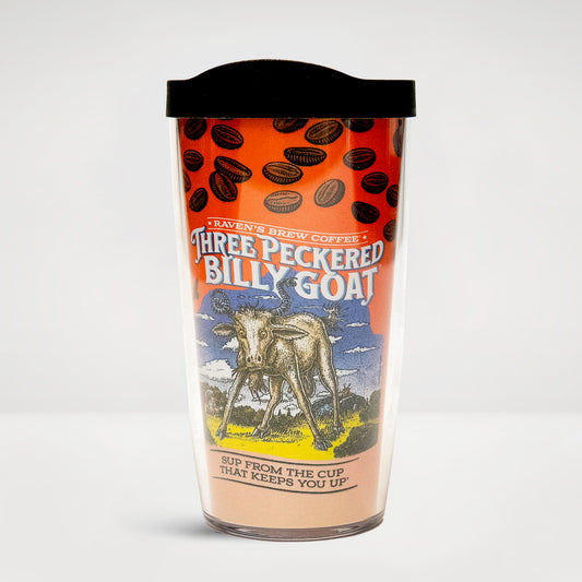 Three Peckered Billy Goat® Coffee label artwork featured on a plastic travel tumbler with lid.