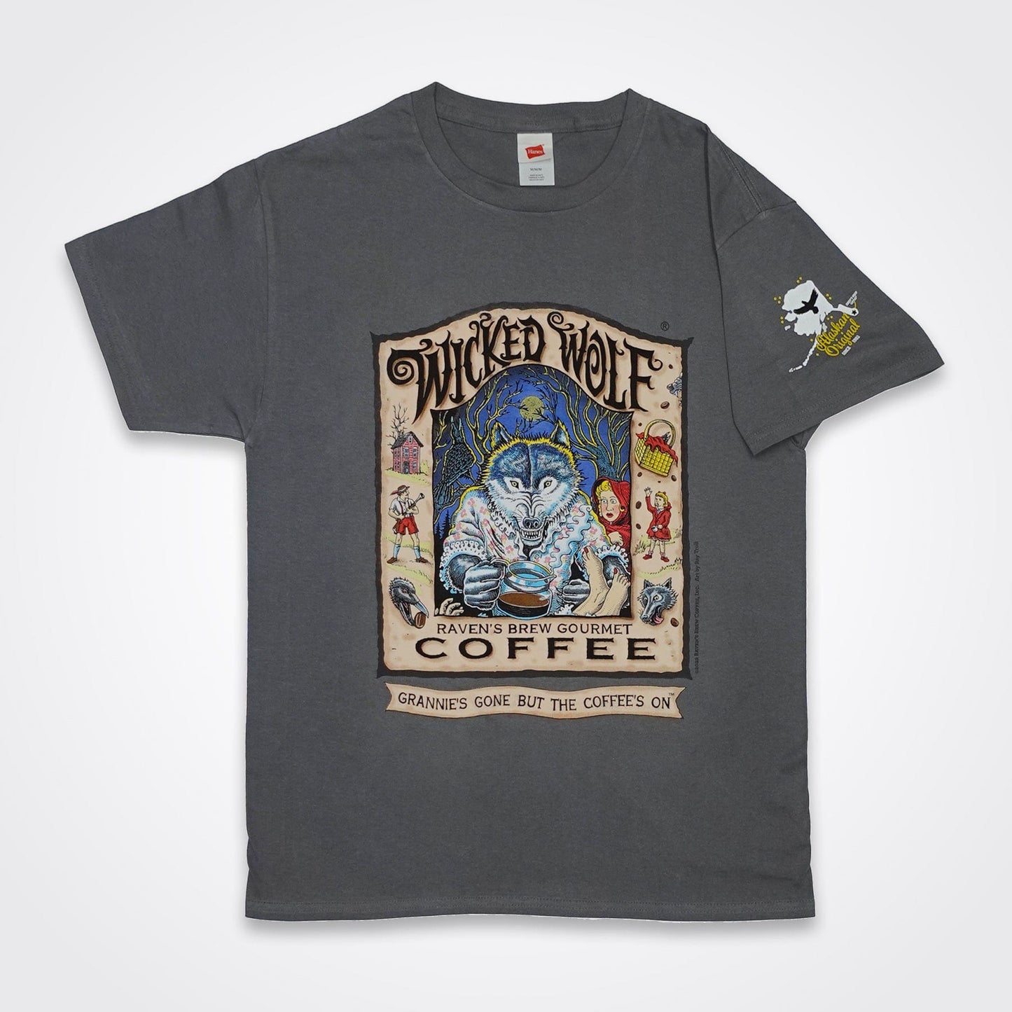 Wicked Wolf Coffee Vintage label t-shirt featuring a wolf in grandma's jammies drinking a pot of coffee.