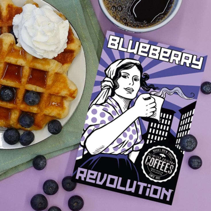 Blueberry Revolution Coffee featuring tasting elements of fresh blueberries, waffles and syrup.