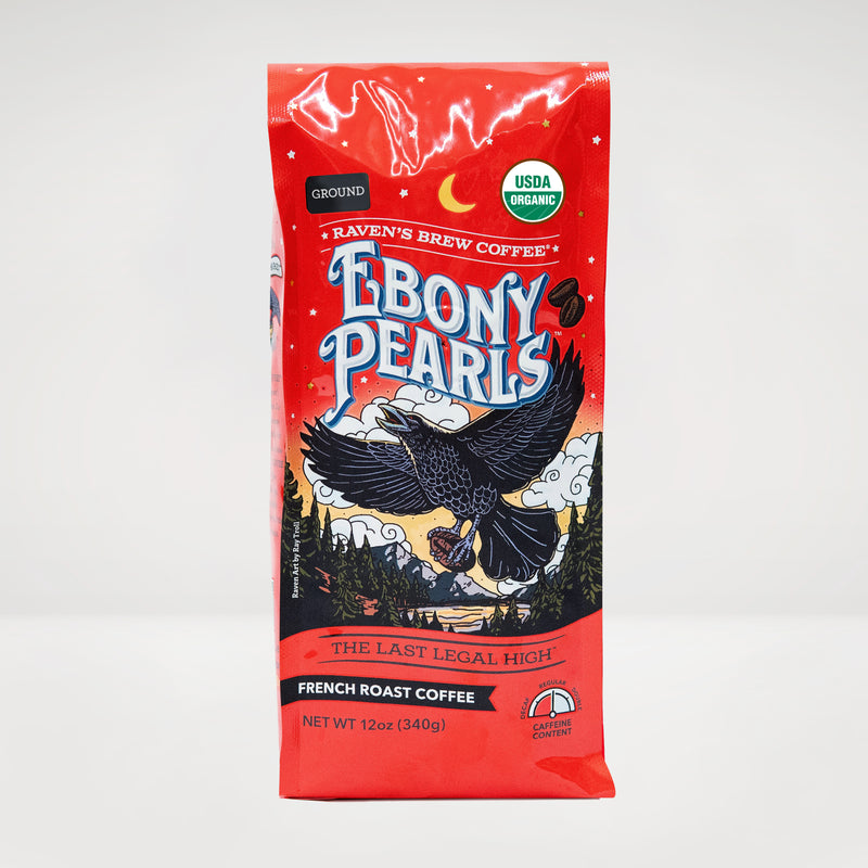 12oz Organic Ground Raven's Brew® Ebony Pearls™ French Roast Coffee