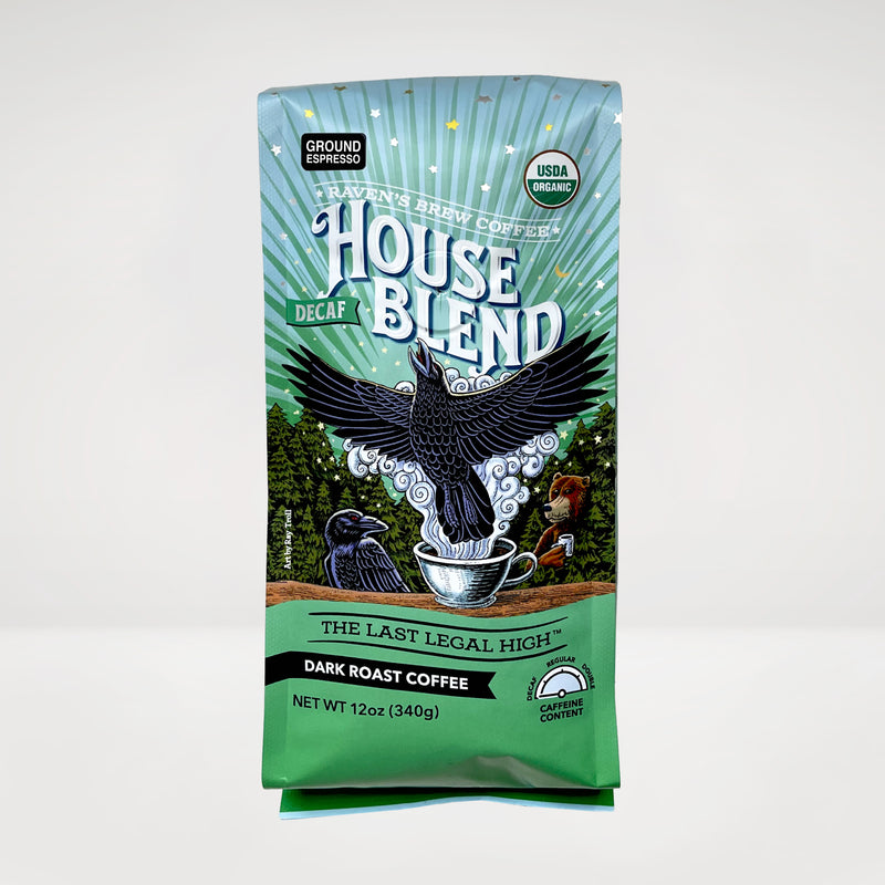 12oz Organic Decaf Espresso Ground Raven's Brew® House Blend Dark Roast Coffee