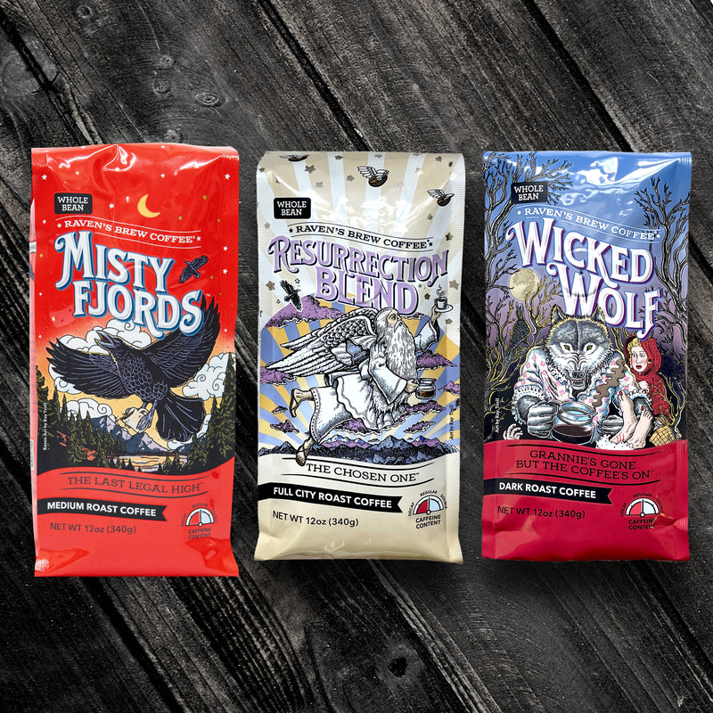 Misty Fjords™ Coffee, Wicked Wolf® Coffee, Resurrection® Blend Coffee Roast Medley Triplet Set
