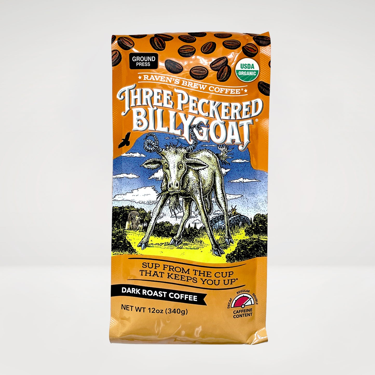12oz Organic Press Pot Ground Three Peckered Billy Goat® Dark Roast Coffee