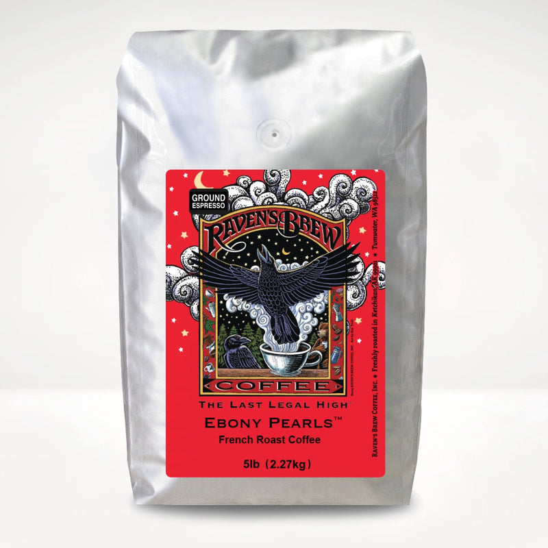 5lb Espresso Ground Raven's Brew® Ebony Pearls™ French Roast Coffee