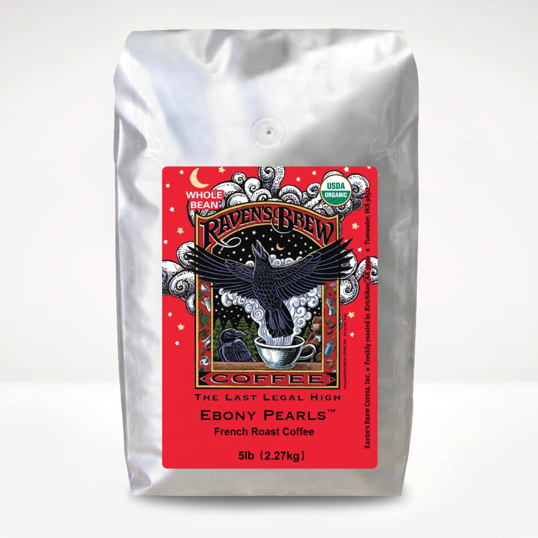 5lb Organic Whole Bean Raven's Brew® Ebony Pearls™ French Roast Coffee