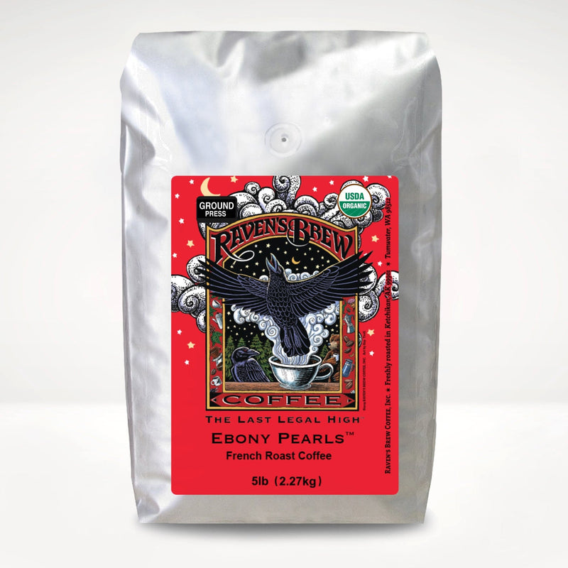5lb Organic Press Pot Ground Raven's Brew® Ebony Pearls™ French Roast Coffee