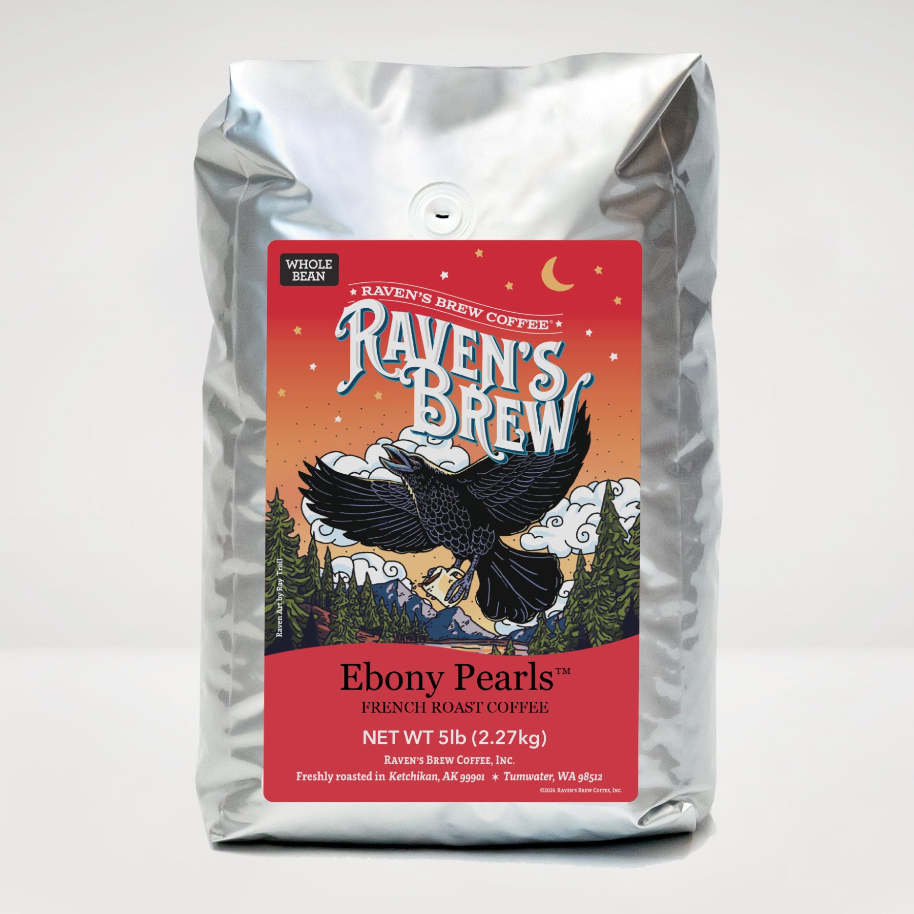 5lb Whole Bean Raven's Brew® Ebony Pearls™ French Roast Coffee