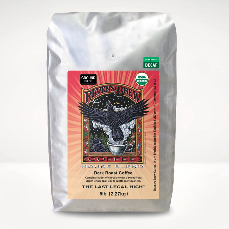 5lb Organic Decaf Press Pot Ground Raven's Brew® House Blend Dark Roast Coffee