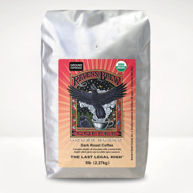 5lb Organic Espresso Ground Raven's Brew® House Blend Dark Roast Coffee