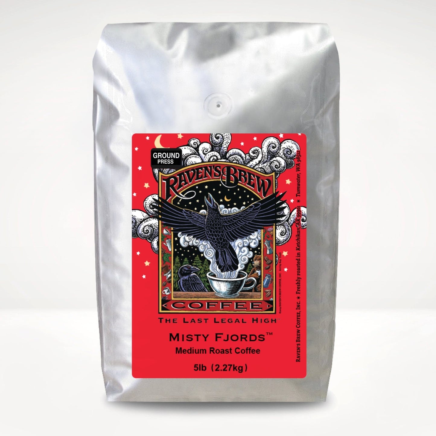 5lb Press Pot Ground Raven's Brew® Misty Fjords™ Medium Roast Coffee