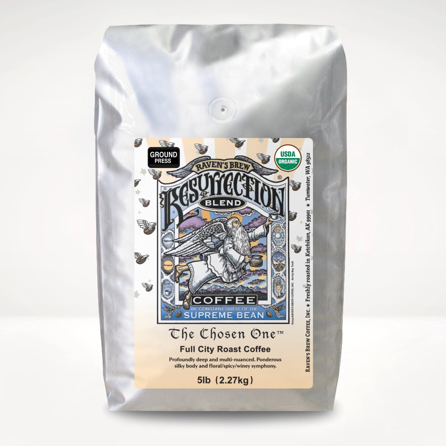 5lb Organic Press Pot Ground Resurrection Blend® Full City Roast Coffee