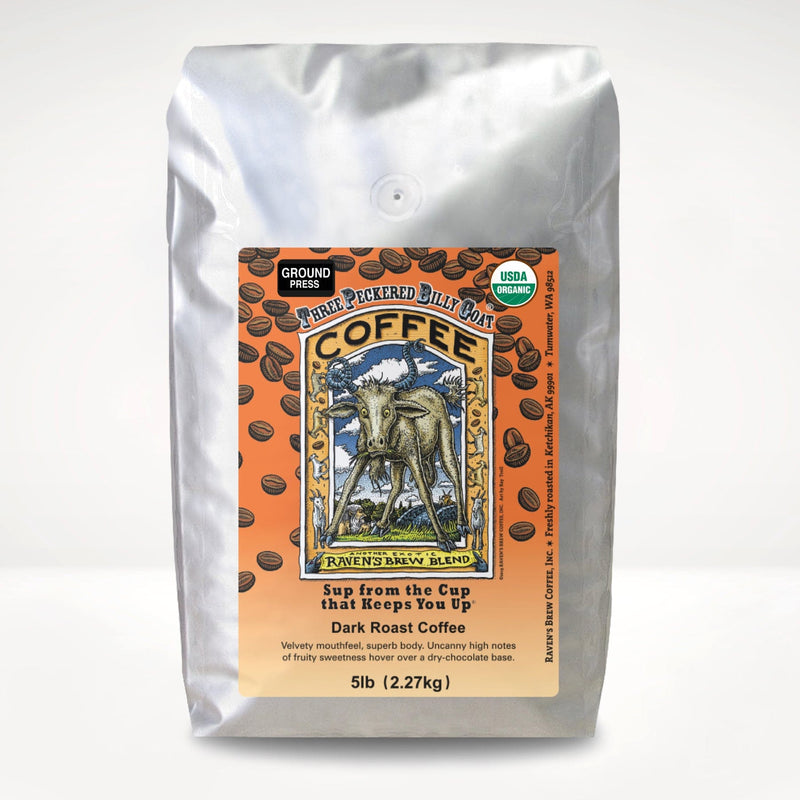 5lb Organic Press Pot Ground Three Peckered Billy Goat® Dark Roast Coffee